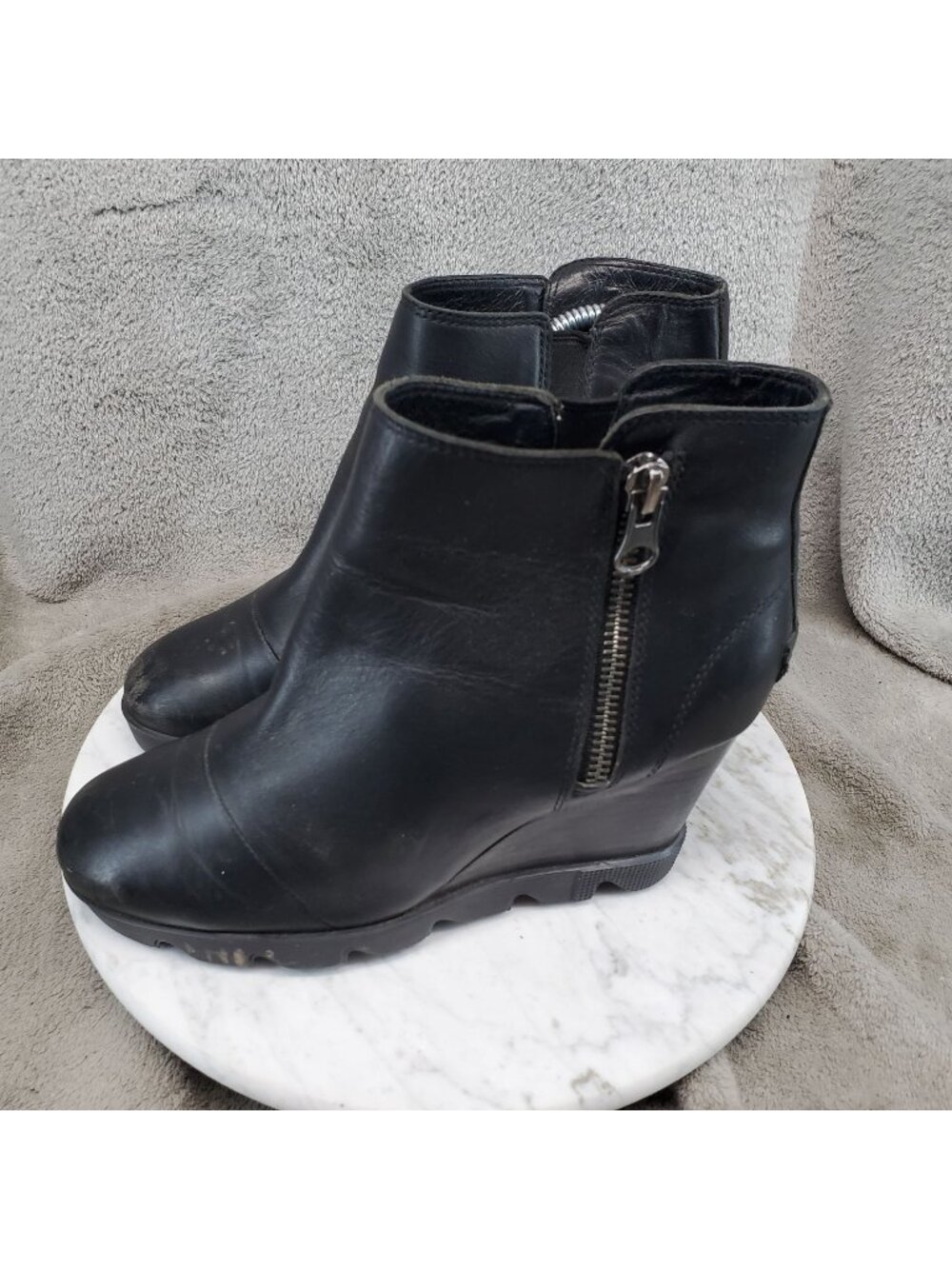 Sorel Shoes Womens Size 7.5 Joan Uptown Black Leather Wedge Ankle Boots *Read*